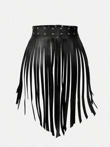 1PC Stylish Black Leather Tassel Skirt - Great Daily Wear And Parties. - 黑色 - 查看 2