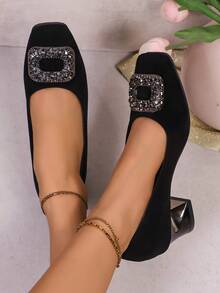 2025 New Spring/Autumn Women's Mid-Heel Pumps, Rhinestone Buckle French Square Toe Thick Heel Shoes - Black - View 2