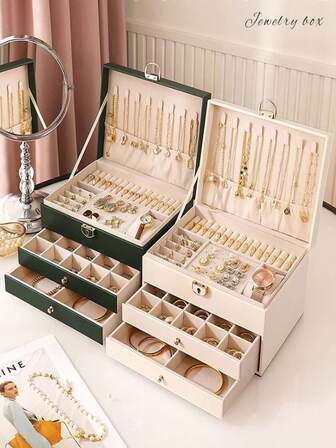 Large-Sized Jewelry Storage Box, PU Jewelry Box, Lightweight Luxury Accessories Storage Box, Jewelry Storage Box. It Is Suitable For Storing Bracelets, Necklaces, Ear Studs, Earrings, Ear Accessories, Rings, Watches. This Multi-Layer Jewelry Storage Box Serves As An Aesthetic Room Decoration And Can Be Used For Home Decoration, Kitchen Accessories, Bathroom Decoration, And Bedroom Decoration. (Color And Style Are Random.)