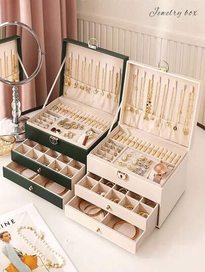Large-Sized Jewelry Storage Box, PU Jewelry Box, Lightweight Luxury Accessories Storage Box, Jewelry Storage Box. It Is Suitable For Storing Bracelets, Necklaces, Ear Studs, Earrings, Ear Accessories, Rings, Watches. This Multi-Layer Jewelry Storage Box Serves As An Aesthetic Room Decoration And Can Be Used For Home Decoration, Kitchen Accessories, Bathroom Decoration, And Bedroom Decoration. (Color And Style Are Random.)