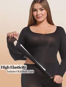 2pcs/Set Plus Size Women Seamless Black Ultra Thin Warm Long Sleeve Round Neck No-Trace Base Layer Top Slim Fit High Elasticity Autumn/Winter - Multicolor - View 4