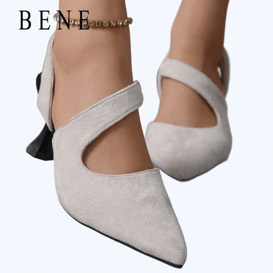 BENE 2025 New Women's Suede Pointed Toe Pumps - Crisscross Strap Block Heel Dress Shoes, Vintage Elegant Comfortable Beige Heels For Party & Office - Màu be - Xem 1