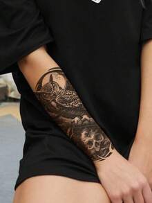 2 piezas de grandes tatuajes temporales de media manga con diseños del Bosque Negro, unisex con búho, calavera y esqueleto de la muerte, adecuados para adultos