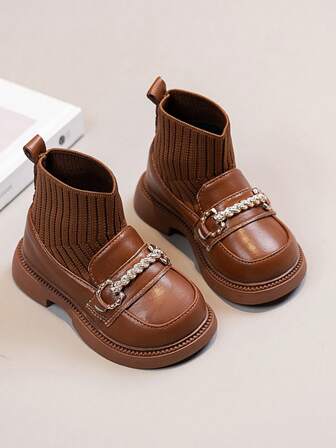 1 双女婴金属扣装饰针织弹力靴，舒适轻便的平底短靴，适合幼儿女孩，适合秋冬季日常户外穿着