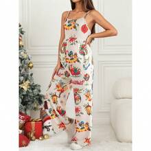 孕妇圣诞印花荷叶边吊带无袖高弹力涤纶连体裤 - 彩色 - 查看 12
