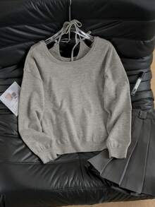 女士休闲灰色蝴蝶结系带露肩宽松针织毛衣，甜美温柔，适合冬季、圣诞节、春节、新年 - 灰色 - 查看 6