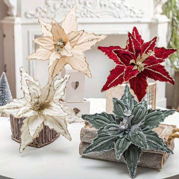 4/1pc 10.24inch Christmas Flower, Glitter Velvet Artificial Flowers, Fake Plants For Xmas Tree Decorations And Wedding Ornaments, Fall Home Decor, Perfect For Tree Decoration & Holiday Centerpieces, Festive Decorations | Festive Elegance | Intricate Design Christmas Decorations Room Decor Winter