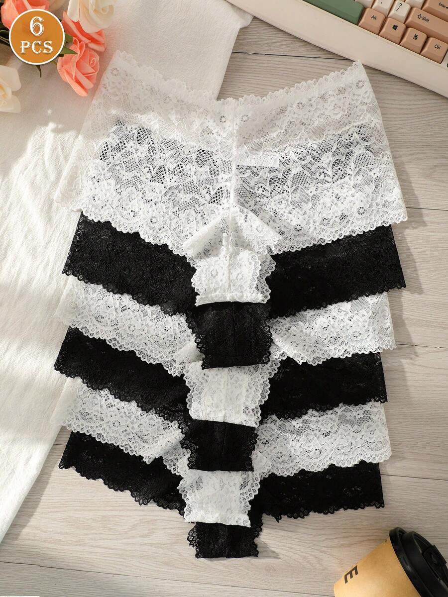 6pcs Women's Lace Floral Design Underwear, Minimalist Comfortable Sexy Ladies Panties, Briefs & Hipsters