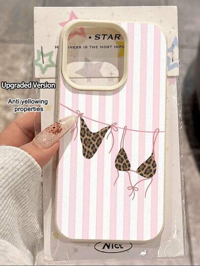 1pc Fashionable Summer Limited Edition Pink Vertical Stripe 2-Piece Swimsuit Pattern Lychee Texture TPU Waterproof Anti-Fall Anti-Slip Soft Phone Case Compatible With Apple/ Phones