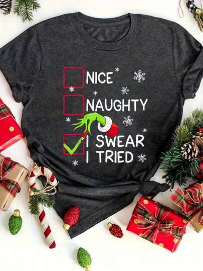 Nice Naughty I Tried Graphic Funny Christmas Crew Neck Short Sleeve T-Shirt, Casual Women Clothes For Fall And Winter