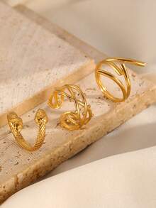 3pcs/Set Fashion New Striped Texture Leaf & Snake Decor 18K Gold Plated Stainless Steel Adjustable Open Ring Set, Casual Versatile Vintage Style Jewelry For Women, Suitable For Daily Wear
