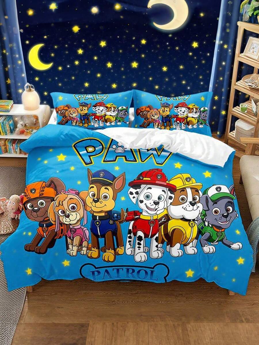 Paw Patrol Themen 3D digital bedruckter Cartoon und Animation Bettwäsche-Set mit drei Teilen,  Bettwäsche,  Bettbezüge,  Kissen, Halloween, Thanksgiving, Weihnachten, Geburtstags-Party Dekorationen, kleine Geschenke für Freunde und Familie bei Partys und Treffen - Verschiedenfarbig - Übersicht 1