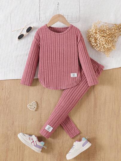 Girls' Solid Color Ribbed Long Sleeve Top + Pants Set