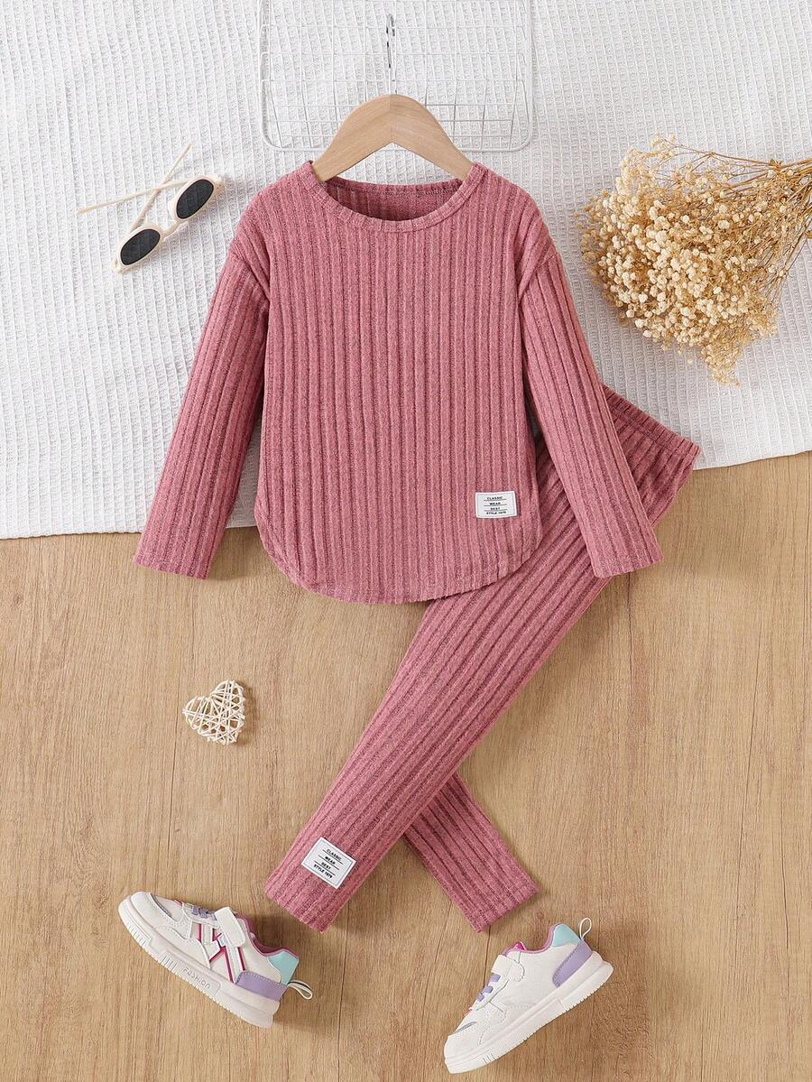 Conjunto de top de manga larga acanalado de unicolor + pantalones para niñas - Rosa Pálido - Ver 1
