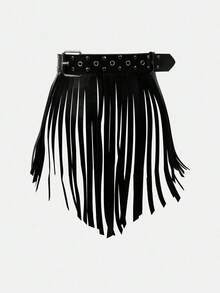 1PC Stylish Black Leather Tassel Skirt - Great Daily Wear And Parties. - 黑色 - 查看 4