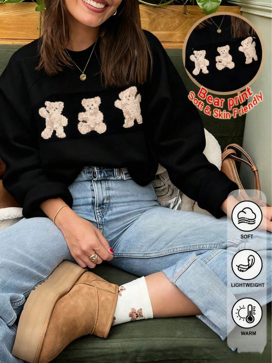 女款秋冬 Y2K 百搭泰迪熊圖案圓領套頭毛衣，輕盈舒適，適合休閒、約會、萬聖節、聖誕節、感恩節、返校季首選，秋冬女裝/Y2K 上衣/街頭風/龐克風/仿羊毛 - 黑色 - 查看 1