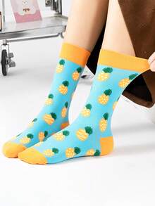 6/10/12/16 Pairs Assorted Fruit Pattern Mid-Calf Socks, Comfortable Soft Polyester Blend, Suitable For Daily Casual Outdoor Wear, Great Gift For Family, Friends And Colleagues, Unisex, Autumn/Winter