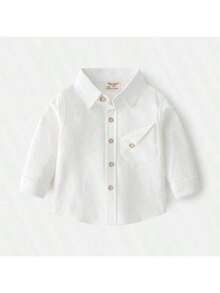 Young Boy Solid Color Front Button Pocket Casual Long Sleeve Shirt, Autumn - White - View 6
