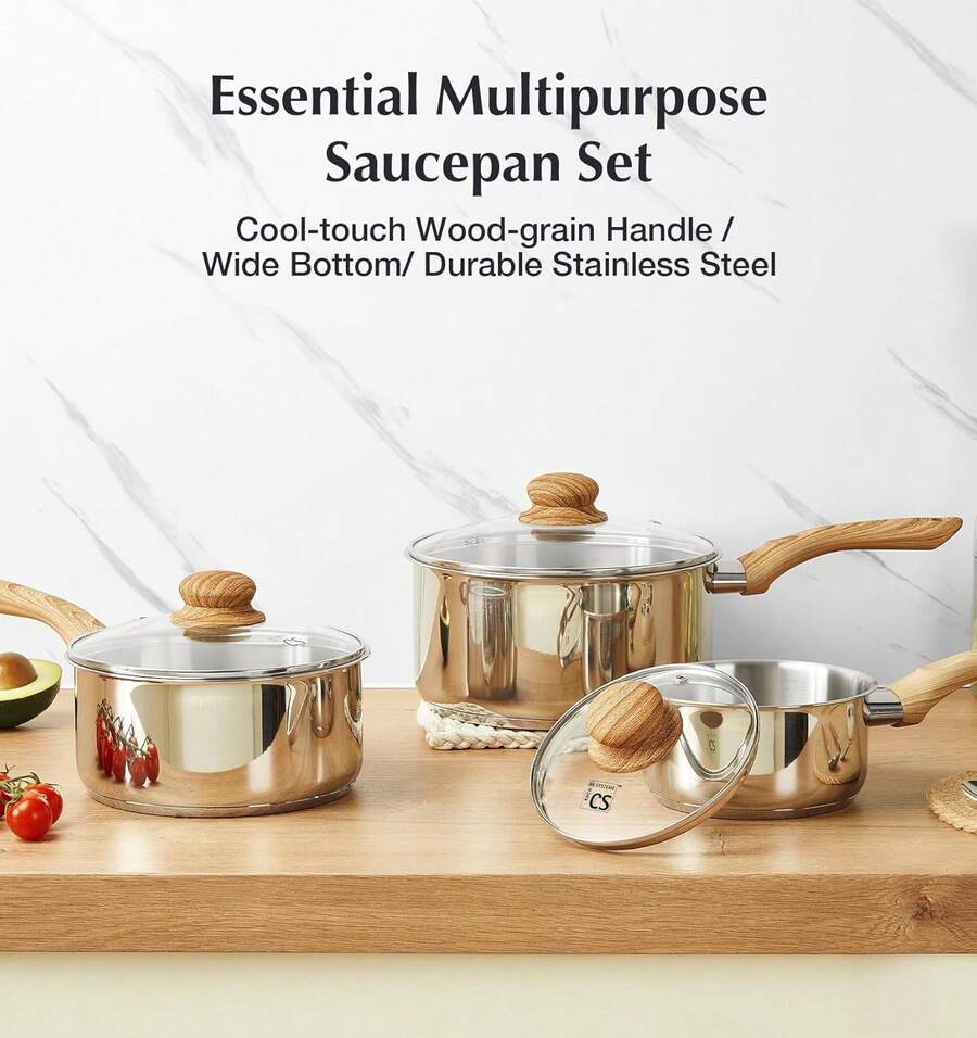 KOCH SYSTEME CS Stainless Steel Pots, 6 Piece Sauce Pan Set With Lids, 1QT, 2QT, 3QT Stainless Steel Saucepan With Cool-Touch Handles, 5-Layers Base Pots, Induction Compatible Sauce Pan, Pot Set