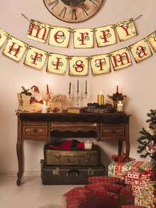 Vintage Merry Christmas Banner - Retro Nostalgic Traditional Old-Fashioned Christmas Wreath Letter Holiday Decor Flags, Suitable For Indoor Home Office Fireplace Mantel Farmhouse - Multicolor - View 6