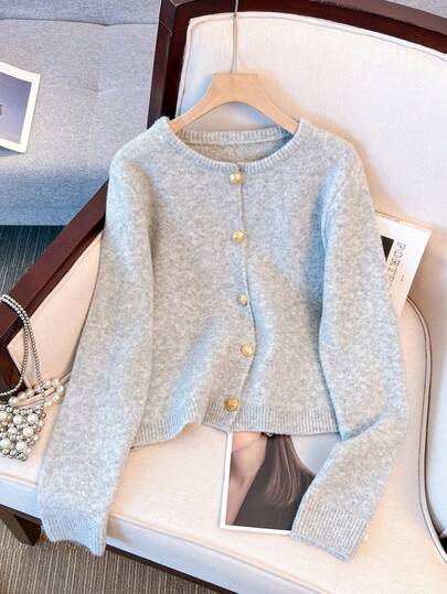 1 pièce Cardigan femme à boutons devant de couleur unie, cardigan décontracté gris col rond, cardigan pull ample minimaliste à boutons métalliques, manches longues