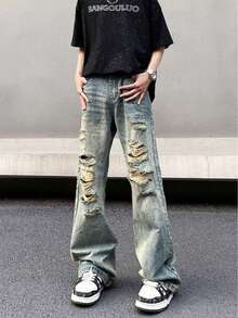American High Street Retro Ripped Jeans For Men, Loose Straight Leg, Rugged And Handsome, Slightly Flared Design, Beggar Pants