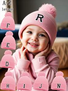 1 件刺绣个性化婴儿针织帽幼儿儿童 26 个字母针织帽毛球帽适合幼儿男孩和女孩 - 粉色 - 查看 1