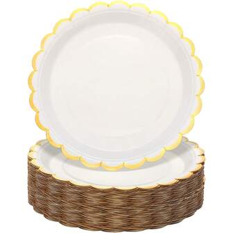 1/2/7/25/50pcs 9-Inch White Scalloped Paper Plates With Gold Foil Rim, Plastic, Smooth Surface, For Food Contact, Suitable For Parties Like Valentine's Day, Halloween, Christmas, Thanksgiving, Easter, Birthday, Baby Shower, Bridal Shower, Wedding, Graduation, Mother's Day, Anniversary, Retirement, As Well As Daily Home Dinners And Picnics