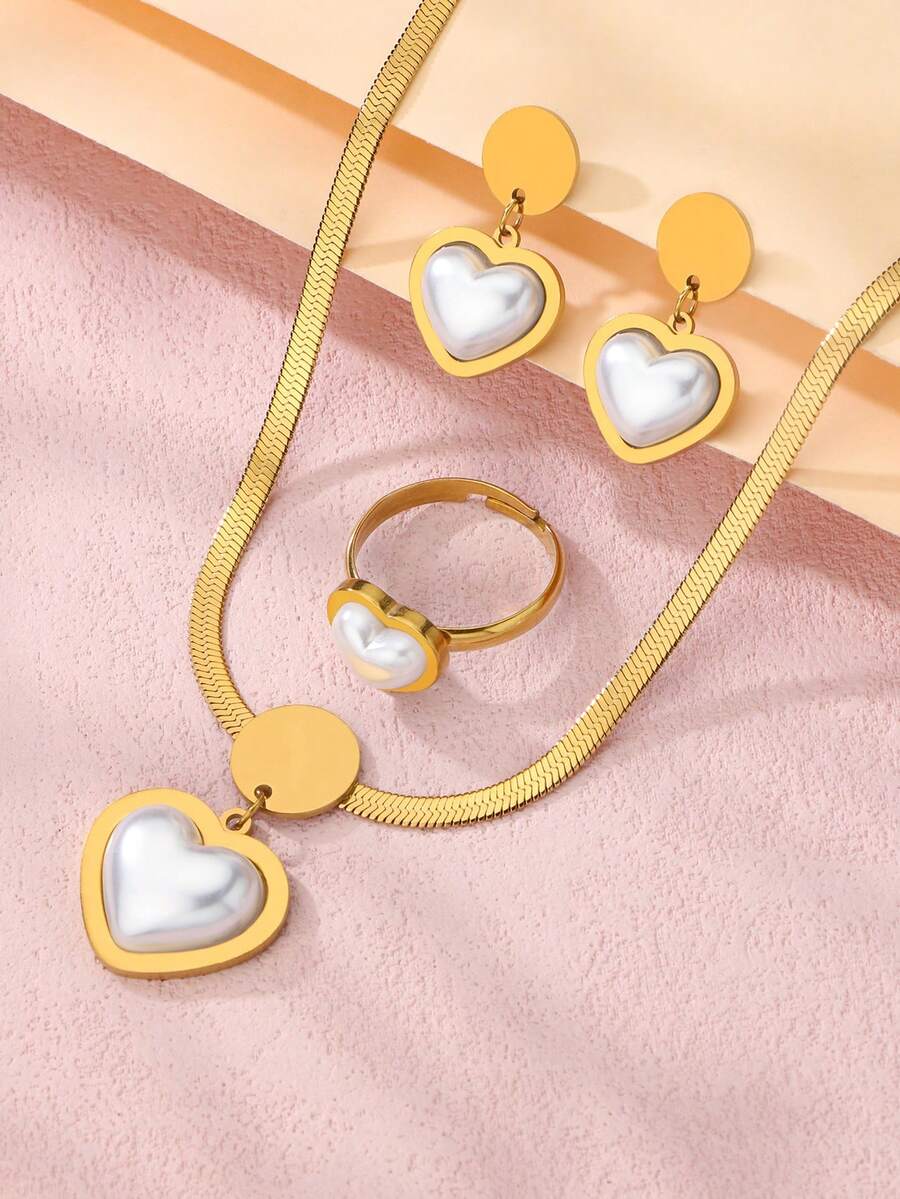 4 件套奢华不褪色心形水滴仿珍珠项链戒指耳环套装女士不锈钢婚礼首饰 - 金色 - 查看 1