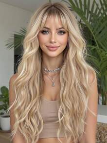 Parrucca lunga e riccia da donna in oro, finitura opaca, capelli sintetici ad alta densità, berretto a rete rosa per raduni quotidiani, Natale, matrimoni - Dorato - Visualizzare 12