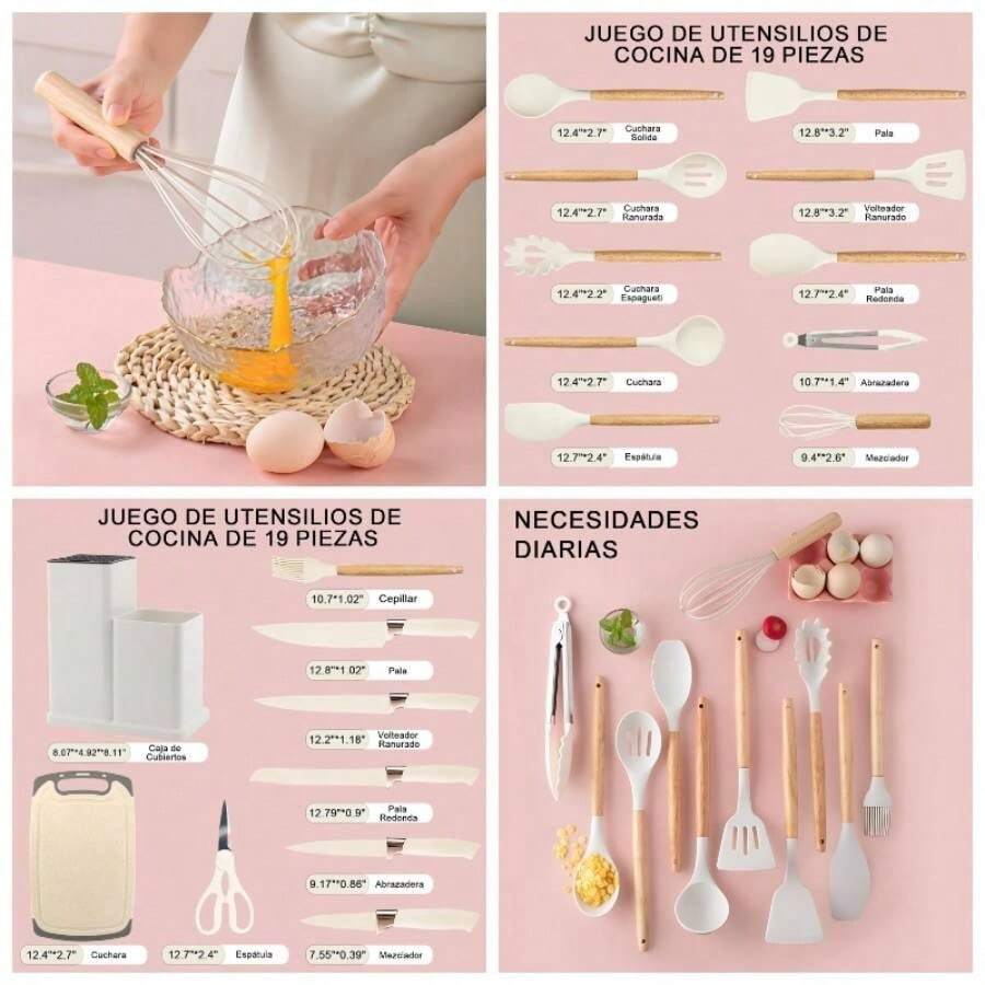 Utensilios de Cocina Antiadherentes 19 piezas, Utensilios de Cocina de Silicona sin BPA, con Resistente al Calor, Utensilios De Silicona Para Cocinar Incluyendo Vajillas, Esptula - Blanco - Ver 1