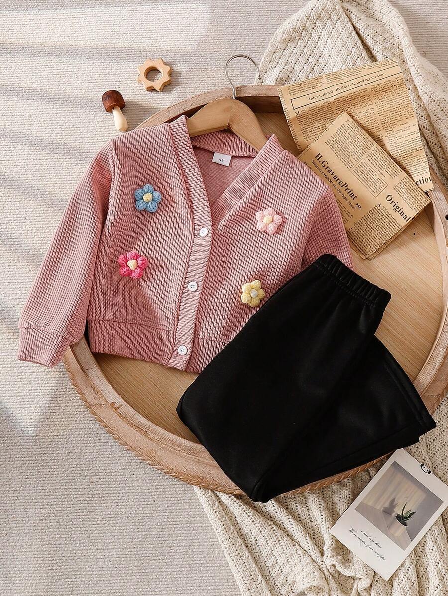 2 Stück/Set Elegantes Outfit für Kleine Mädchen mit Blumendekoration, bestehend aus Strickjacke mit Langarm und schwarzer Schlaghose, Mädchen Winter/Herbst Kleidung