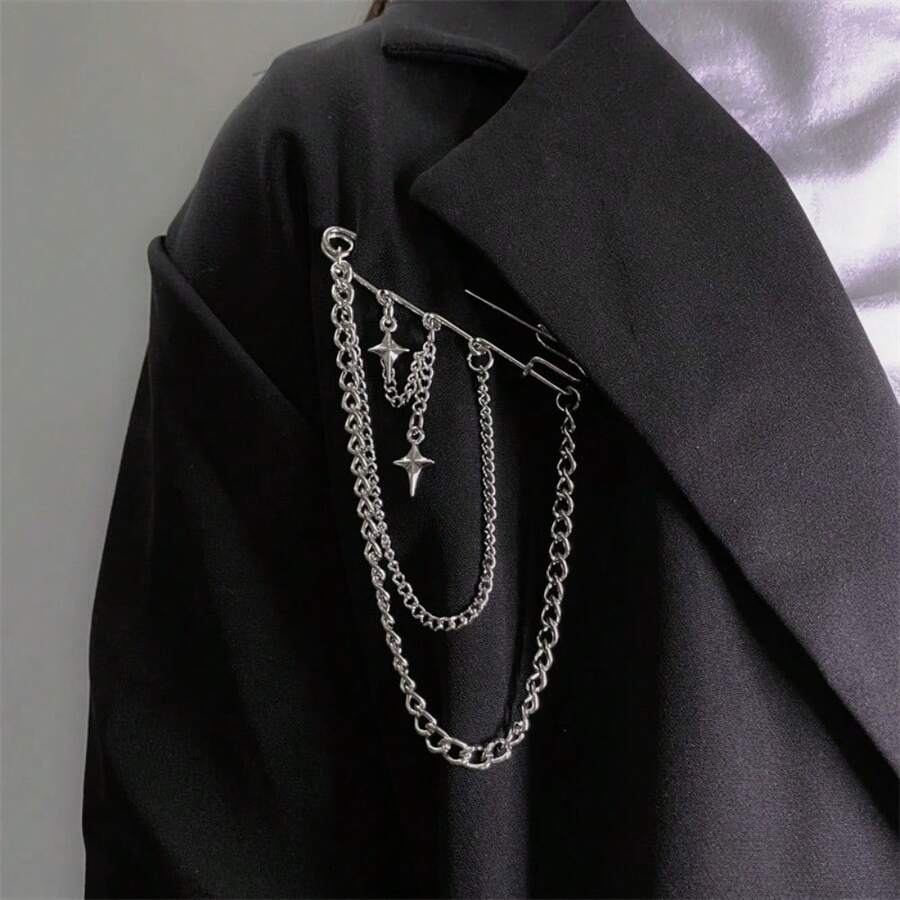 Cold Style Sweet Cross Star Brooch Female Fashion Suit Pin Accessories Chain Hip-Hop Niche Personality Pin , Versatile And Suitable For Formal Occasions - 銀色 - 查看 1