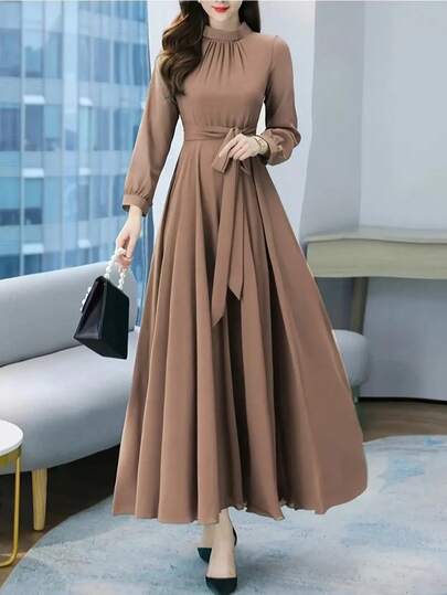 Women's Solid Color Stand Collar Raglan Sleeve Dress With Belt