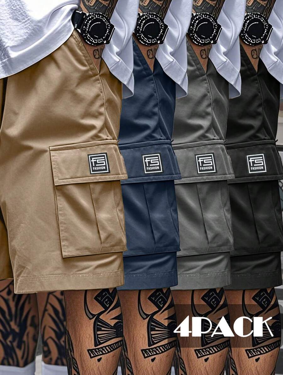 4-Pack Men's Summer Cargo Shorts - Non-Stretch Fabric, Geometric Pattern, Regular Fit And Multi-Pocket Design, Suitable For Outdoor Sports, Street Style, Travel And Leisure Travel, Durable Material, A Must-Have Street Wear In Summer - 卡其+灰+藍+黑 - 查看 1