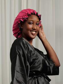 Elegant Nightcap And Sleep Eye Mask Set, Satin With Ruffle Design - Double Layer, Elastic Band - Women's Soft Polyester Hair Cap, Breathable Blackout Eye Mask, Travel Aid Sleep Mask, Relieve Eye Fatigue, Suitable For Daily Sleep, Hotel Stay, Long-Distance Travel - Black - View 5