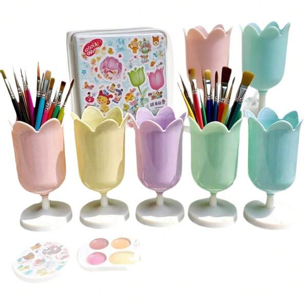 Soporte para bolígrafo con tulipán, soporte para bolígrafo con corazón de niña, bote de almacenamiento para brochas de maquillaje, adorno floral retro, accesorio fotográfico