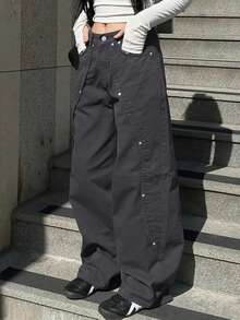 Women's Y2K Style Straight Jeans, Loose Wide Leg, Wood Pants - Xám - Xem 2