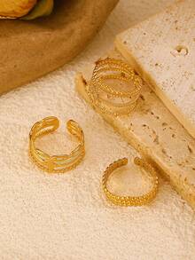 3pcs/Set Stainless Steel Leaf Line Decor Rings, Fashionable & Versatile For Everyday Wear