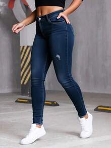Mujer casual mezclilla cintura alta sexy cómodo con detalle desgastado diseño ajustado primavera verano uso diario pantalón skinny - Azul - Ver 2