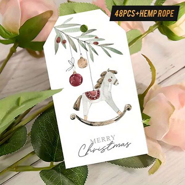 48pcs Vintage Christmas Gift Tags With Jute Twine - Elegant Rocking Horse, Red Berries & Hanging Loops, For Gift Wrapping, Classic Holiday Design With "Merry Christmas" - Suitable For Personal Or Commercial Use - Nostalgic Christmas Party Decor, Holiday Packaging Tags, Holiday Illustrations, Illustrations, Christmas Cards
