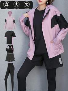 5pcs Women Sports Suit Set: Loose Batwing T-Shirt + Loose Sports T-Shirt + Sports Bra + Outdoor Pants + Loose Shorts, Gym Outfit Spring - Dusty Pink - View 2