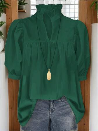 Plus Size Women's 2025 Spring & Summer Tops, Fashionable New Arrival, French Style Blouse, Puff Sleeve, Back To School, American Shirt, Casual, Teacher Attire, 70s Style, Commuter, Minimalist, Office Wear, Retro, Simplistic, French, Spring & Summer Tops, Vintage Teacher Shirt, Plus Size Women Casual Short Sleeve Solid Color Blouse, Suitable For Outerwear