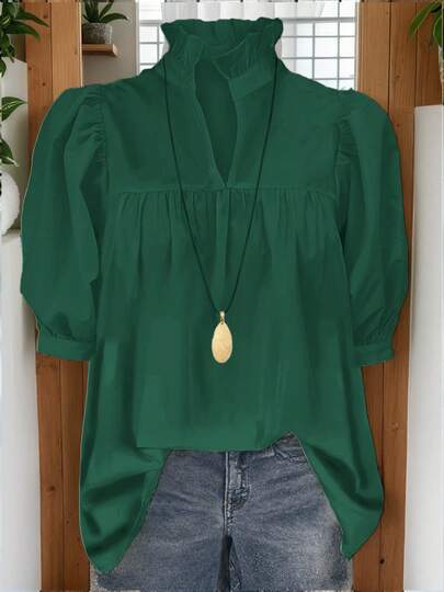 Blusas de mujer talla grande para primavera y verano 2025, nuevas llegadas de moda, blusa de estilo francés, manga abullonada, de vuelta a la escuela, camisa americana, casual, atuendo de maestra, estilo de los 70, para ir al trabajo, minimalista, ropa de oficina, retro, simplista, francesa, blusas de primavera y verano, camisa de maestra vintage, blusas casuales de manga corta de unicolor para mujer talla grande, adecuadas para usar como prenda exterior