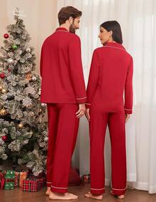 Couple Matching Pajamas 100% Cotton Long Sleeve Sleepwear Button Down Loungewear Pjs Set S-XXLhalloween - 紅色 - 查看 11