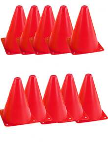 10个装儿童足球训练标准学校交通锥障碍标记桶，多锥桶运动器材，步法、敏捷性、速度训练辅助工具，红色