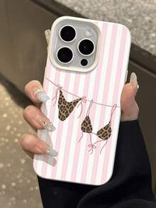 1pc Fashionable Summer Limited Edition Pink Vertical Stripe 2-Piece Swimsuit Pattern Lychee Texture TPU Waterproof Anti-Fall Anti-Slip Soft Phone Case Compatible With Apple/ Phones