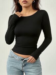 1pc Autumn Fitted Black Crew Neck Elastic Knit Pullover - Women's Basic Undershirt, Suitable For Casual Outfits, Leisure Fashion, Everyday Wear, Autumn Women's Clothing - Black - View 7