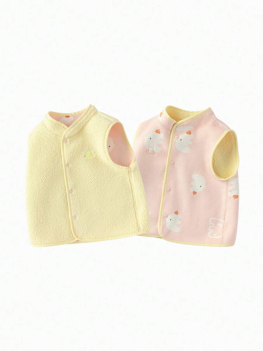 Balabala 2pcs Girls Reversible Vest, Unisex Fleece Jacket For Autumn/Winter - Red Hue - View 1