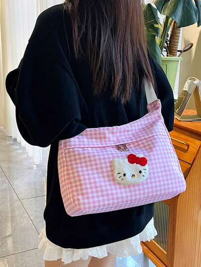 Bolso bandolera de gran capacidad con diseño de dibujos animados para mujeres, bolso de lona con diseño de gato KT fashionable y lindo, bolso de compras a rayas a cuadros para ir al trabajo